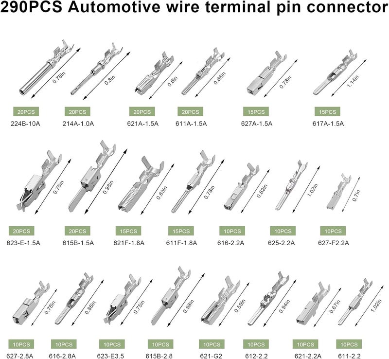 NYTKL 290PCS Car Electrical Wire Terminal Pins Connector, 1/1.5/1.8/2.2/2.8/3.5mm Electric Connector Terminal Pin, 21Type Non-Insulated Plug Removal Male & Female Crimped Pins - Image 2